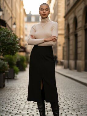 Mango Black Midi Skirt | Side Slit | Tailored Minimal | XL